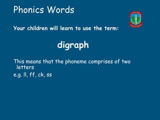 Phonics Words
Your children will learn to use the term:
digraph
This means that the phoneme comprises of two
letters
e.g. ll, ff, ck, ss
 