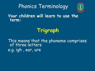 Phonics Terminology
Your children will learn to use the
term:
Trigraph
This means that the phoneme comprises
of three letters
e.g. igh , ear, ure
 