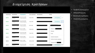 Διαχείριση Κρατήσεων
• Προβολή λεπτομεριών
• Αλλαγή/Ακύρωση
• Εκτύπωση τιμολογίου
• Αποστολή μηνύματος
 