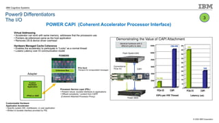 © 2020 IBM Corporation
IBM Cognitive Systems
Power9 Differentiators
The I/O
POWER CAPI (Coherent Accelerator Processor Interface)
FPGA or ASIC
Custom
Hardware
Application
Customizable Hardware
Application Accelerator
• Specific system SW, middleware, or user application
• Written to durable interface provided by PSL
POWER8
CAPP
Coherence Bus
POWER9
PCIe Gen4
Transport for encapsulated messages
Processor Service Layer (PSL)
• Present robust, durable interfaces to applications
• Offload complexity / content from CAPP
(Coherent Attached Processor Proxy)
Virtual Addressing
• Accelerator can work with same memory addresses that the processors use
• Pointers de-referenced same as the host application
• Removes OS & device driver overhead
Hardware Managed Cache Coherence
• Enables the accelerator to participate in “Locks” as a normal thread
• Lowers Latency over IO communication model
3
Adapter
 