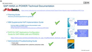 © 2020 IBM Corporation
IBM Cognitive Systems
ü Planning Guide
features process/support/service guidance
ü IBM Supplemental HoP Implementation Guide
ü SLES for SAP Applications Configuration
Guide for SAP HANA (x86 and POWER)
ü Administration/Troubleshooting Guide
ü Future plan
ü Includes best practices from customer production sites
44
Map SAP Sizing
results to IBM
HoP specifics
Supplemental to
SAP HANA
Master,
Installation &
Admin Guide
Find this HANA on POWER Technical Documentation under
https://ibm.biz/HoPTechdocsWPs
or http://www.ibm.com/support/techdocs/atsmastr.nsf/WebIndex/WP102502
https://www.suse.com/documentation/sles_for_sap_11/pdfdoc/book_s4s/book_s4s.pdf
SAP HANA on POWER Technical Documentation
https://www.redbooks.ibm.com/redbooks.nsf/searchsite?SearchView=&query=sap+hana&SearchWV=true
 