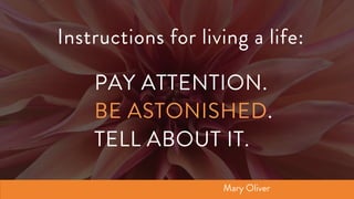 Instructions for living a life:
Mary Oliver
PAY ATTENTION.
BE ASTONISHED.
TELL ABOUT IT.
 