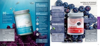 118 119
30KAPSÜL
Her sabah kahvaltıdan sonra 1 kapsül
Astaksantin ve Yaban Mersini Ekstresi
almanız önerilir.
KULLANIMI:
Güçlü bir antioksidan kaynağı olan
astaksantin, erken yaşlanma gibi
birçok zararlı etkilere neden olan
serbest radikallerin vücuttan
atılmasını sağlamaya yardımcı olur.
*C vitamini ise bağışıklık sisteminin
normal fonksiyonunun korunmasına,
yorgunluk ve bitkinliğin
azaltılmasına katkıda bulunur.
Astaksantin alglerden elde
edilir ve algler, doğal
halinde yeşildir. Güneş
ışığına maruz kaldığında
ise kendini korumak için
kırmızıya dönerler.
BUNLARI
BİLİYOR MUYDUNUZ?
ASTAKSANTİN
VE YABAN MERSİNİ
BAĞIŞIKLIK SİSTEMİNİZİN
KORUNMASI İÇİN
ASTAKSANTİN
YABAN MERSİNİ
C VİTAMİNİ
E VİTAMİNİ
3mg
50mg
12mg (%15*)
1,8mg (%15*)
BESLENME
DEĞERİ
1 kapsülde (728mg)
Beslenme Referans
Değeri* AYNI ÜRÜNDEN
2 ADET ALANA TANESİ
229 TL YERİNE
204,50 TL
ZİNDE
YAŞAM
119
 
﻿
Astaksantin ve Yaban Mersini
İçeren Takviye Edici Gıda
21.84 g.
Birimfiyat 1048.53TL/100 g.
29688 229,00TL
AYNI ÜRÜNDEN
2 ADET ALANA TANESİ
159 TL YERİNE
144,50 TL
KEMİK
YOĞUNLUĞUNUZU
ÖLÇTÜRDÜNÜZ MÜ?
BUNLARI
BİLİYOR MUYDUNUZ?
Kemik yoğunluğu yaş ilerledikçe azalır
ve özellikle 51-65 yaş arası kadınlarda
kemiklerde mineral kaybı gerçekleşme
ihtimali artar.*** Kalsiyum ve D vitamini
kemik yoğunluğunuzu genç tutmanıza
destek olur!
DAHA İYİ
BİYOYARARLANIM
Aquamin™, diğer kalsiyum
kaynaklı takviye edici gıdalara
kıyasla vücut tarafından daha
kolay emilir ve yarar sağlar.*
LAKTOZ İÇERMEYEN
ALTERNATİF KALSİYUM
KAYNAĞI
Süt ürünleri ve laktoz hassasiyeti
bulunan kişiler için alternatif bir
kalsiyum kaynağıdır.
BİRBİRİNİ DESTEKLEYEN
İÇERİKLER
D vitamininin kalsiyum
emilimini artırmaya yardımcı
olduğu klinik olarak
kanıtlanmıştır.**
Marine Kalsiyum ve D
Vitamini İçeren Takviye Edici
Gıda, İzlanda sularındaki
kireçlenmiş deniz
yosunlarından elde edilen,
sürdürülebilir bir kalsiyum
kaynağı olan patentli
Aquamin™ içerir.
D
VİTAMİNİ
*Zenk et al.2017 **IoM, 1997;SCF,2002 ***B L Riggs,… ,K P Offord,L J Melton 3rd,J Clin Invest.1981;67(2):328-335
30TABLET
Günde 1-2 tableti yemekten sonra
alın. 2 tableti art arda değil, farklı
öğünlerden sonra tüketin.
Wellness Multivitamin ve Mineral
ya da WellnessPack’ler ile birlikte
kullanabilirsiniz.
Dilerseniz tableti
çiğneyerek de tüketebilirsiniz.
KULLANIMI:
BESLENME
DEĞERLERİ
1 tablette (1500 mg)
Beslenme Referans
Değeri*
KALSİYUM
DVİTAMİNİ
250mg (%31*)
5μg (%100*)
 
﻿
Marine Kalsiyum ve D Vitamini
İçeren Takviye Edici Gıda
30 tablet
Birimfiyat 530.00TL/100adet
31766 159,00TL
118
BAĞIŞIKLIK SİSTEMİNİZİ
KORUMA ZAMANI!*
 