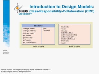 Introduction to Design Models:
Class-Responsibility-Collaboration (CRC)
Systems Analysis and Design in a Changing World, 7th Edition - Chapter 12
©2016. Cengage Learning. All rights reserved.
 