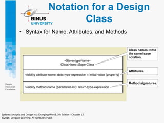 Notation for a Design
Class
• Syntax for Name, Attributes, and Methods
Systems Analysis and Design in a Changing World, 7th Edition - Chapter 12
©2016. Cengage Learning. All rights reserved.
 