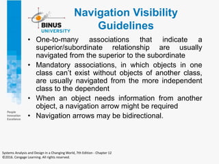 Navigation Visibility
Guidelines
• One-to-many associations that indicate a
superior/subordinate relationship are usually
navigated from the superior to the subordinate
• Mandatory associations, in which objects in one
class can’t exist without objects of another class,
are usually navigated from the more independent
class to the dependent
• When an object needs information from another
object, a navigation arrow might be required
• Navigation arrows may be bidirectional.
Systems Analysis and Design in a Changing World, 7th Edition - Chapter 12
©2016. Cengage Learning. All rights reserved.
 