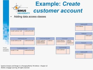 Example: Create
customer account
• Adding data access classes
Systems Analysis and Design in a Changing World, 7th Edition - Chapter 12
©2016. Cengage Learning. All rights reserved.
 