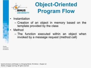 Object-Oriented
Program Flow
• Instantiation
– Creation of an object in memory based on the
template provided by the class
• Method
– The function executed within an object when
invoked by a message request (method call)
Systems Analysis and Design in a Changing World, 7th Edition - Chapter 12
©2016. Cengage Learning. All rights reserved.
 