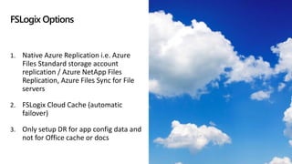 FSLogix Options
1. Native Azure Replication i.e. Azure
Files Standard storage account
replication / Azure NetApp Files
Rep...