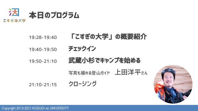 第97回 こすぎの大学 武蔵小杉でキャンプを始める プログラム資料 第97回 こすぎの大学 武蔵小杉でキャンプを始める プログラム資料