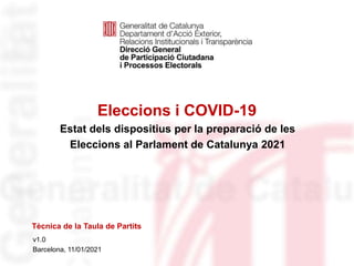 Eleccions i COVID-19
Identificació del
departament o organisme
v1.0
Barcelona, 11/01/2021
Estat dels dispositius per la preparació de les
Eleccions al Parlament de Catalunya 2021
Tècnica de la Taula de Partits
 