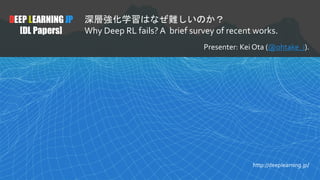 1
DEEP LEARNING JP
[DL Papers]
http://deeplearning.jp/
Why Deep RL fails? A brief survey of recent works.
Presenter: Kei Ota (@ohtake_i).
 