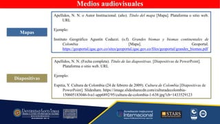 Mapas
Apellidos, N. N. o Autor Institucional. (año). Título del mapa [Mapa]. Plataforma o sitio web.
URL
Ejemplo:
Instituto Geográfico Agustín Codazzi. (s.f). Grandes biomas y biomas continentales de
Colombia [Mapa]. Geoportal.
https://geoportal.igac.gov.co/sites/geoportal.igac.gov.co/files/geoportal/grandes_biomas.pdf
Diapositivas
Apellidos, N. N. (Fecha completa). Título de las diapositivas. [Diapositivas de PowerPoint].
Plataforma o sitio web. URL
Ejemplo:
Espitia, Y. Cultura de Colombia (24 de febrero de 2009). Cultura de Colombia [Diapositivas de
PowerPoint]. Slideshare. https://image.slidesharecdn.com/culturadecolombia-
150605183046-lva1-app6892/95/cultura-de-colombia-1-638.jpg?cb=1433529123
Medios audiovisuales
 