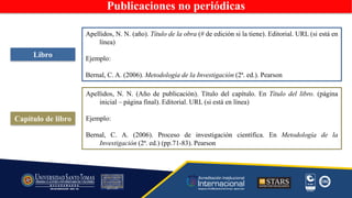 Libro
Apellidos, N. N. (año). Título de la obra (# de edición si la tiene). Editorial. URL (si está en
línea)
Ejemplo:
Bernal, C. A. (2006). Metodología de la Investigación (2ª. ed.). Pearson
Capítulo de libro
Apellidos, N. N. (Año de publicación). Título del capítulo. En Título del libro. (página
inicial – página final). Editorial. URL (si está en línea)
Ejemplo:
Bernal, C. A. (2006). Proceso de investigación científica. En Metodología de la
Investigación (2ª. ed.) (pp.71-83). Pearson
Publicaciones no periódicas
 
