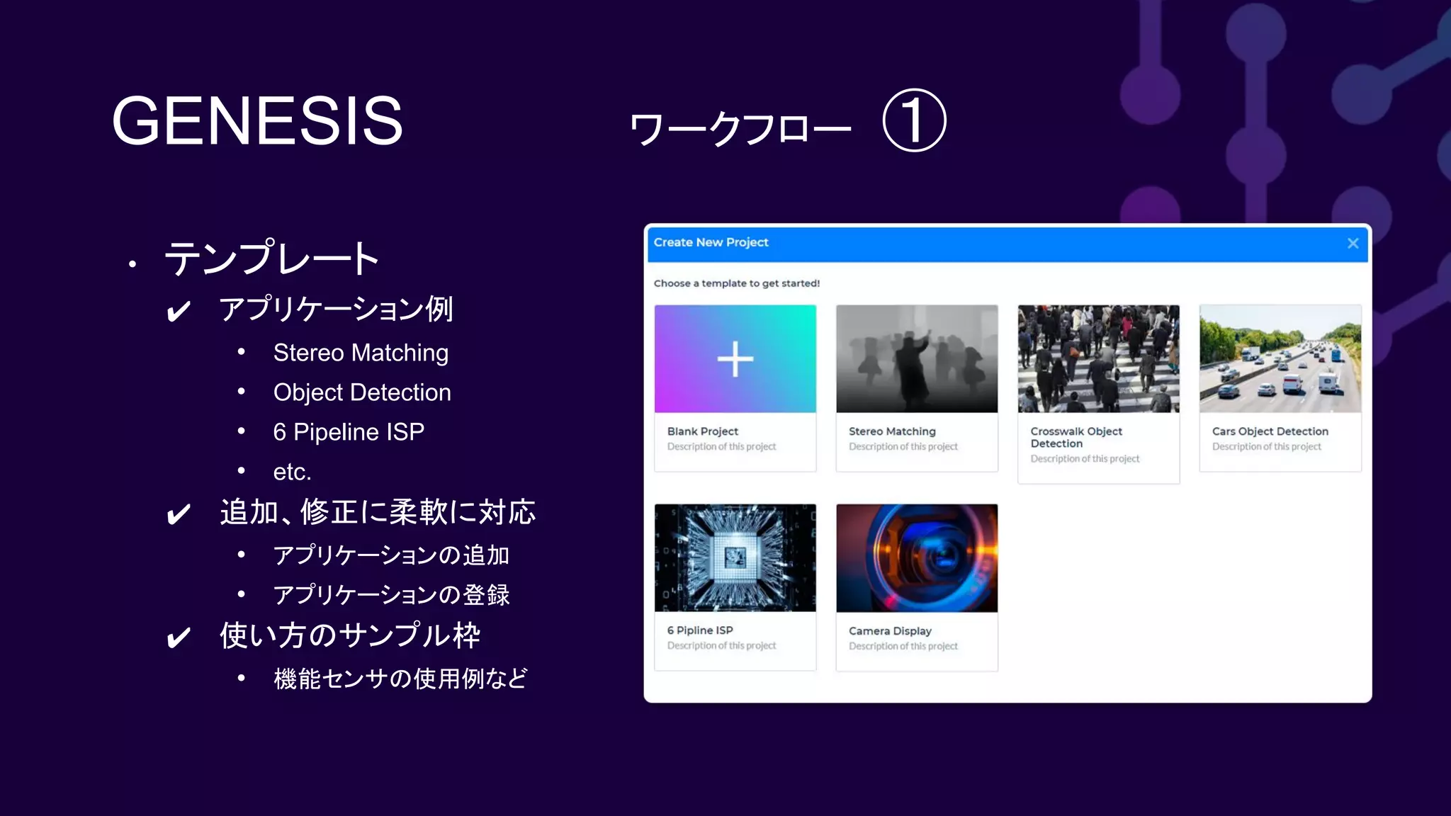 GENESIS ワークフロー　①
• テンプレート
✔ アプリケーション例
• Stereo Matching
• Object Detection
• 6 Pipeline ISP
• etc.
✔ 追加、修正に柔軟に対応
• アプリケーションの追加
• アプリケーションの登録
✔ 使い方のサンプル枠
• 機能センサの使用例など
 