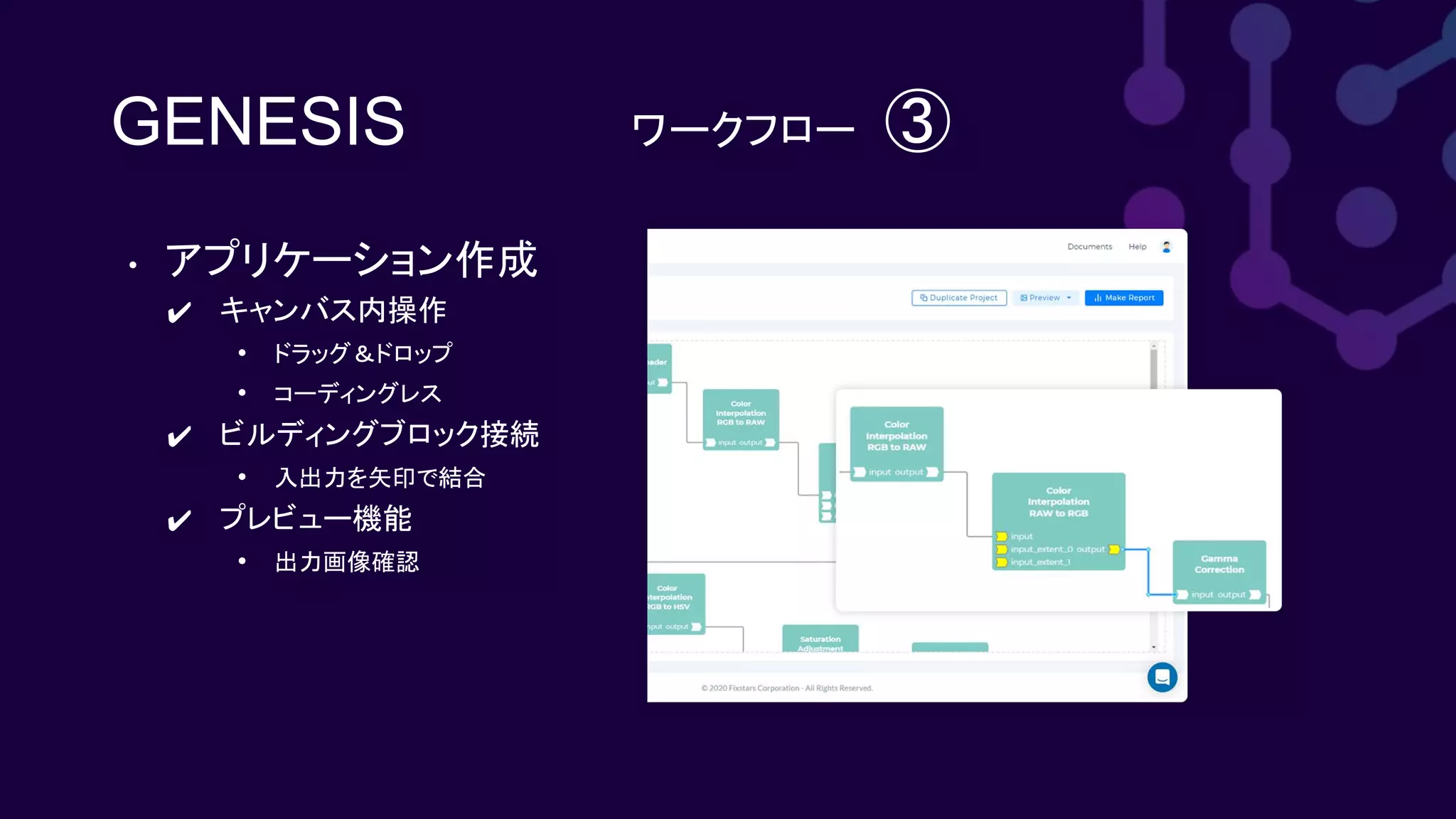 GENESIS ワークフロー　③
• アプリケーション作成
✔ キャンバス内操作
• ドラッグ＆ドロップ
• コーディングレス
✔ ビルディングブロック接続
• 入出力を矢印で結合
✔ プレビュー機能
• 出力画像確認
 