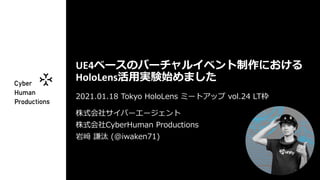 UE4ベースのバーチャルイベント制作における
HoloLens活用実験始めました
2021.01.18 Tokyo HoloLens ミートアップ vol.24 LT枠
株式会社サイバーエージェント
株式会社CyberHuman Productions
岩﨑 謙汰 (@iwaken71)
 