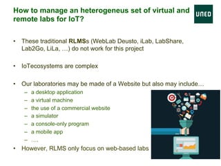 •  These traditional RLMSs (WebLab Deusto, iLab, LabShare,
Lab2Go, LiLa, …) do not work for this project
•  IoTecosystems are complex
•  Our laboratories may be made of a Website but also may include…
–  a desktop application
–  a virtual machine
–  the use of a commercial website
–  a simulator
–  a console-only program
–  a mobile app
–  ….
•  However, RLMS only focus on web-based labs
How to manage an heterogeneus set of virtual and
remote labs for IoT?
20
 