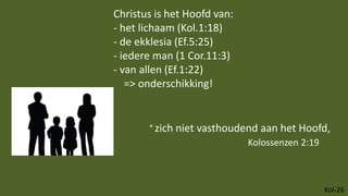 Kol-26
+ zich niet vasthoudend aan het Hoofd,
Kolossenzen 2:19
Christus is het Hoofd van:
- het lichaam (Kol.1:18)
- de ekklesia (Ef.5:25)
- iedere man (1 Cor.11:3)
- van allen (Ef.1:22)
=> onderschikking!
 