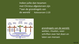 Kol-26
Indien jullie dan tezamen
met Christus afgestorven zijn
vnaan de grondregels van
de wereld Kolossenzen 2:20
grondregels van de wereld:
wetten, rituelen, voor-
schriften over het doen en
laten van mensen
 