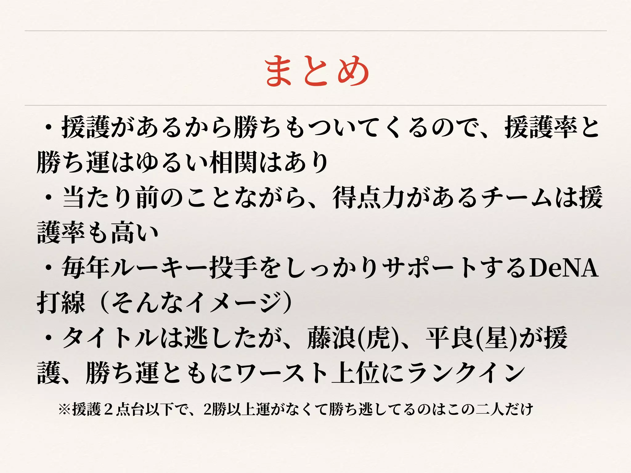 ・当たり前のことながら、得点⼒があるチームは援
護率も⾼い


・毎年ルーキー投⼿をしっかりサポートするDeNA
打線（そんなイメージ）


・タイトルは逃したが、藤浪(虎)、平良(星)が援
護、勝ち運ともにワースト上位にランクイン


※援護２点台以下で、2勝以上運がなくて勝ち逃してるのはこの⼆⼈だけ
 