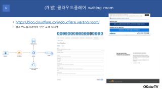 • https://blog.cloudflare.com/cloudflare-waiting-room/
• 클라우드플레어에서 만든 고객 대기열
OKdevTV
(개발) 클라우드플레어 waiting room
6
 
