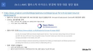 OKdevTV
(뉴스) AWS 엘라스틱 라이선스 변경에 대한 대응 방안 발표
4
• https://aws.amazon.com/ko/blogs/opensource/stepping-up-for-a-truly-open-sou...
