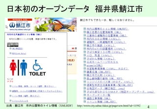 4
4
日本初のオープンデータ 福井県鯖江市
出典：鯖江市 市内公園等のトイレ情報（XMLRDF） http://www.city.sabae.fukui.jp/pageview.html?id=11592
 