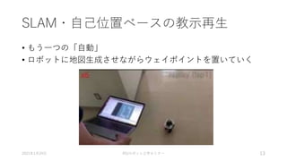 SLAM・自己位置ベースの教示再生
• もう一つの「自動」
• ロボットに地図生成させながらウェイポイントを置いていく
2021年1月24日 RSJロボット工学セミナー 13
 