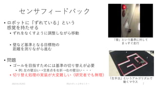 センサフィードバック
• ロボットに「ずれている」という
感覚を持たせる
• ずれをなくすように調整しながら移動
• 壁など基準となる目標物の
距離を測りながら進む
• 問題
• ゴールを目指すためには基準の切り替えが必要
• 例: 左の壁沿い→交差点を右折→右の壁沿い・・・
• 切り替え処理の実装が大変難しい（研究者でも無理）
2021年1月24日 RSJロボット工学セミナー 7
「壁」という基準に対して
まっすぐ走行
「左手法」というアルゴリズムで
動くマウス
 