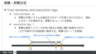 17
▪ time windows and execution lags
▪ time window : w
▪ 実際の予測システムは過去全てのデータを使うわけではなく、直近
w のデータを使用する。実験では w = 10 を使用。
▪ execution lag : l
▪ 実際は時刻 t にデータを受け取ると同時に購入処理はできず、
l だけ予測やその他処理に使用する。実験では l = 1 を使用。
 