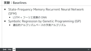 20
▪ State-Frequency Memory Recurrent Neural Network
(SFM)
▪ LSTM + フーリエ変換の DNN
▪ Symbolic Regression by Genetic Programming (GP)
▪ 遺伝的アルゴリズムベースの予測アルゴリズム
 
