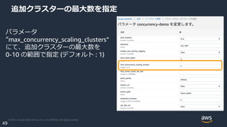 © 2021, Amazon Web Services, Inc. or its Affiliates. All rights reserved.
49
追加クラスターの最大数を指定
パラメータ
”max_concurrency_scaling...