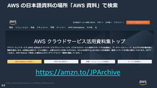 © 2021, Amazon Web Services, Inc. or its Affiliates. All rights reserved.
64
AWS の日本語資料の場所「AWS 資料」で検索
https://amzn.to/JPAr...