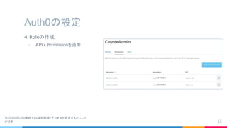 Auth0の設定
4. Roleの作成
- API x Permissionを追加
15
※2020/01/22時点での設定画面・デフォルト設定をもとにして
います
 