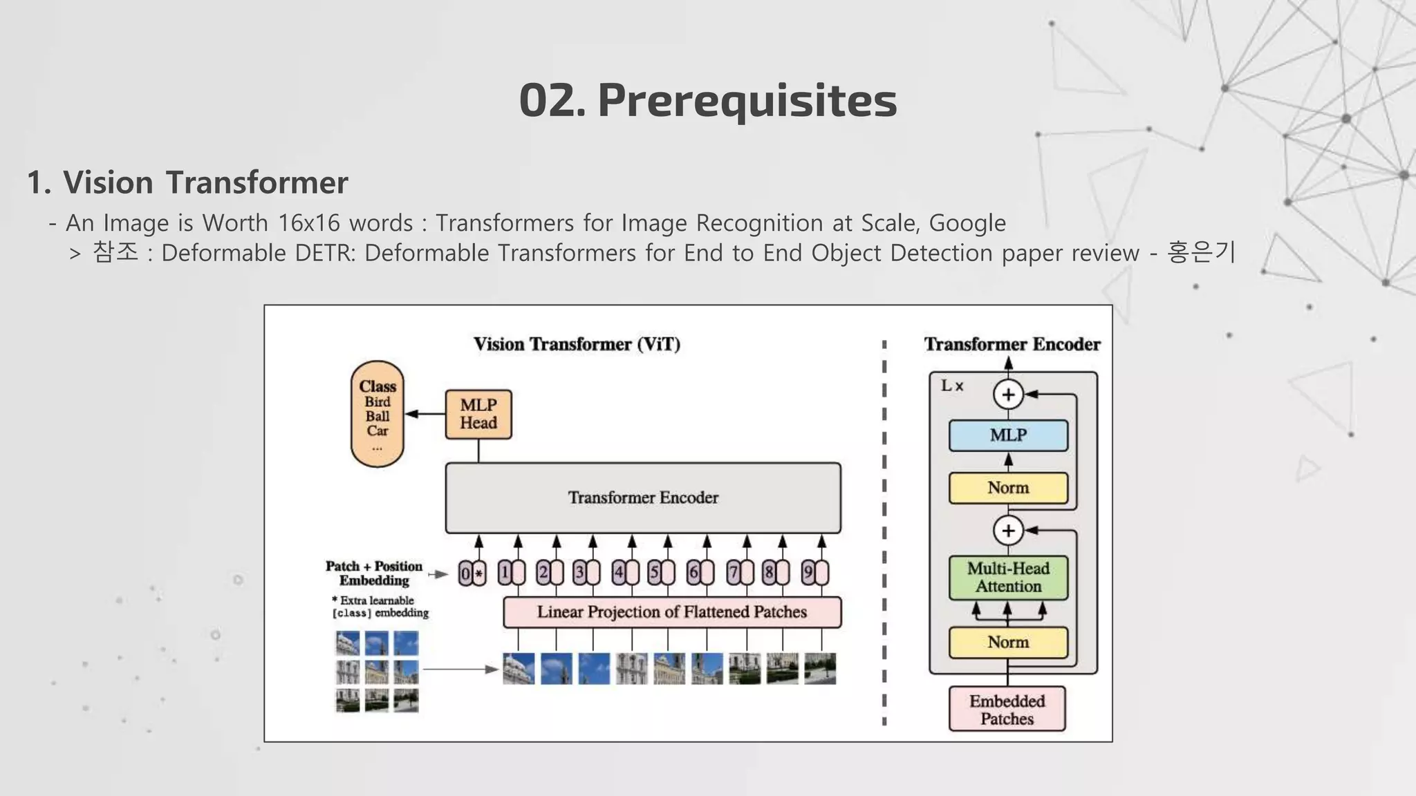 02. Prerequisites
1. Vision Transformer
- An Image is Worth 16x16 words : Transformers for Image Recognition at Scale, Google
> 참조 : Deformable DETR: Deformable Transformers for End to End Object Detection paper review - 홍은기
 