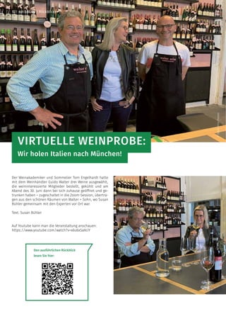 ©
Fotos:
Anja
Prestel
Virtuelle Weinprobe:
Wir holen Italien nach München!
Der Weinakademiker und Sommelier Tom Engelhardt...