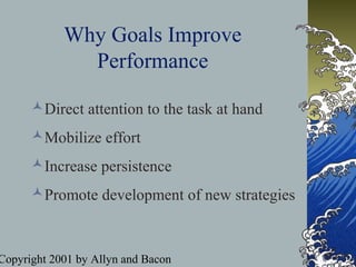 Copyright 2001 by Allyn and Bacon
Why Goals Improve
Performance
Direct attention to the task at hand
Mobilize effort
Increase persistence
Promote development of new strategies
 