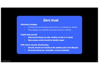 © 2020 IBM Corporation 25
• Components and people should have no privileges by default
• All privileges are explicitly bestowed based on identity
 