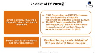 Review of FY 2020②
© SIOS Corporation All rights Reserved. 17
Invest in people, R&D, and a
corporate culture that fosters
innovation
 SIOS Corporation and SIOS Technology,
Inc. eliminated the mandatory
retirement age effective October 1, 2020.
 The R&D Center operated by SIOS
Technology Corp. in South Carolina was
honored as one of the Best Places to
Work in South Carolina* in 2020.
Return profit to shareholders
and other stakeholders
Resolved to pay a cash dividend of
¥10 per share at fiscal year-end.
 