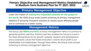 © SIOS Corporation All rights Reserved. 20
Primary Objective and Management Metrics Established
in Medium-Term Business Plan for FY 2021-2023
The Group uses EBITDA and ROIC as its key management metrics to continue to
generate positive cash flow. Positive cash flow enables the Group to invest in
the three driving forces for our growth—people, research and development,
and a corporate culture that fosters innovation—and to return profit to our
shareholders and stakeholders. Through these efforts, the Group works toward
achieving its primary management objective.
Under the mission of making the impossible possible for the people of
the world, the SIOS Group works toward achieving its primary management
objective of pursuing innovative solutions to resolve issues affecting people
and to contribute to a better society.
Primary Management Objective
Management Metrics
 