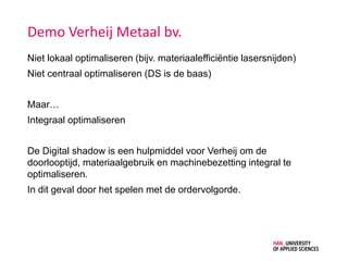 Demo Verheij Metaal bv.
Niet lokaal optimaliseren (bijv. materiaalefficiëntie lasersnijden)
Niet centraal optimaliseren (DS is de baas)
Maar…
Integraal optimaliseren
De Digital shadow is een hulpmiddel voor Verheij om de
doorlooptijd, materiaalgebruik en machinebezetting integral te
optimaliseren.
In dit geval door het spelen met de ordervolgorde.
 