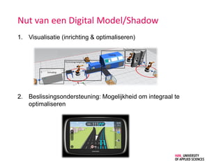 Nut van een Digital Model/Shadow
1. Visualisatie (inrichting & optimaliseren)
2. Beslissingsondersteuning: Mogelijkheid om integraal te
optimaliseren
 