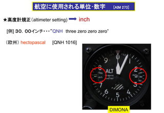 ★高度計規正（altimeter setting) inch
[例] ３０．００インチ・・・“QNH three zero zero zero”
（欧州） hectopascal [QNH 1016]
DIMONA
航空に使用される単位･数字 [AIM 273]
 