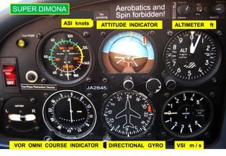 ALTIMETER ft
VSI m / s
DIRECTIONAL GYRO
ATTITUDE INDICATOR
VOR OMNI COURSE INDICATOR
ASI knots
SUPER DIMONA
 