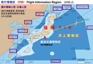 飛行情報区 （FIR） Flight Information Region (AIM-J)
航空交通管制区
QNH摘要区域
福 岡 F I R
国の領域上空・公海上空
[飛行情報業務・警急業務 ・
航空交通管制業務が実施
される空域]
洋 上 管 制 区
 