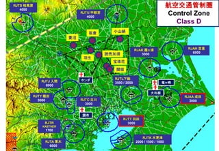 航空交通管制圏
Control Zone
Class D
RJAK 霞ヶ浦
3000
RJAA 成田
3000
RJTL下総
3500 / 2000
RJTT 羽田
3000
RJTS 相馬原
4000
RJTK 木更津
2000 / 1500 / 1000
RJAH 百里
6000
RJTJ 入間
6000
RJTY 横田
3000 RJTC 立川
3000
RJTA 厚木
6000
RJTU 宇都宮
4000
RJTR
KASTNER
1700
G
G
G
関宿
板倉
妻沼
小山絹
G
羽生
竜ヶ崎
大利根
調布
ホンダ
G
G
宝珠花
読売加須
G
 