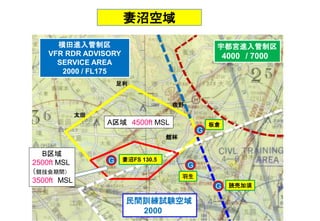 G
G
板倉
A区域 4500ft MSL
G
G
羽生
読売加須
横田進入管制区
VFR RDR ADVISORY
SERVICE AREA
2000 / FL175
足利
太田
館林
B区域
2500ft MSL
（競技会期間）
3500ft MSL
佐野
宇都宮進入管制区
4000 / 7000
妻沼FS 130.5
民間訓練試験空域
2000
妻沼空域
 