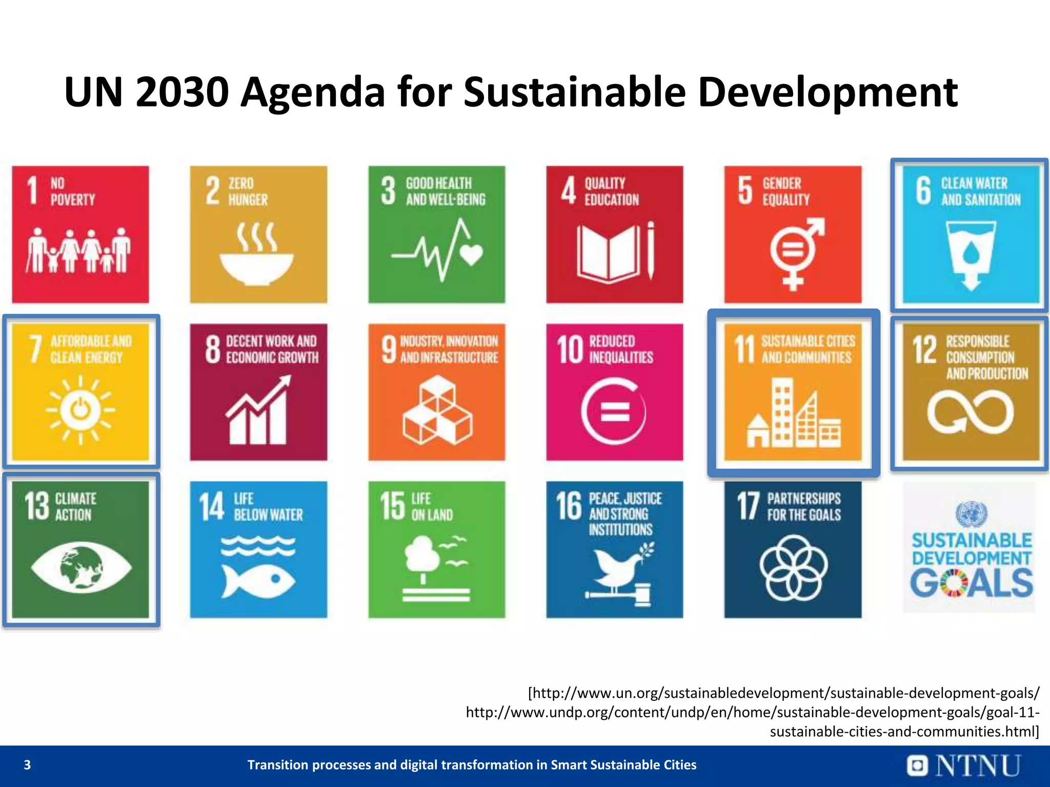 3 Transition processes and digital transformation in Smart Sustainable Cities
UN 2030 Agenda for Sustainable Development
[http://www.un.org/sustainabledevelopment/sustainable-development-goals/
http://www.undp.org/content/undp/en/home/sustainable-development-goals/goal-11-
sustainable-cities-and-communities.html]
 