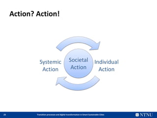 23 Transition processes and digital transformation in Smart Sustainable Cities
Action? Action!
Societal
Action
Individual
Action
Systemic
Action
 